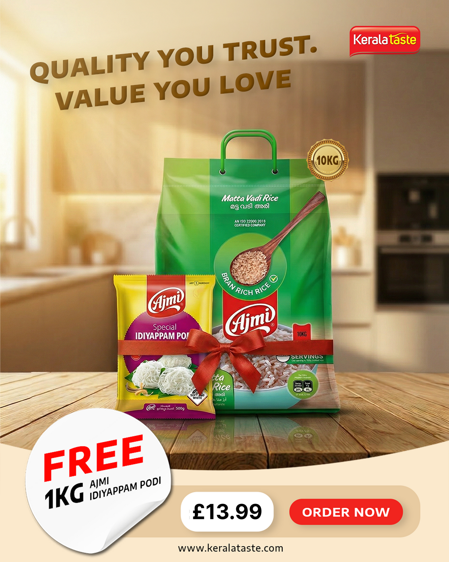 Ajmi Matta Vadi Rice (10kg) + FREE Ajmi Idiyappam Podi (1kg) *(Any 10Kg rice is limited to one bag per order)